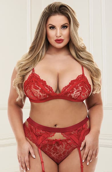 Baci Lingerie 3pc Lace Garter Set Red Queen Size Sexiga underkläder